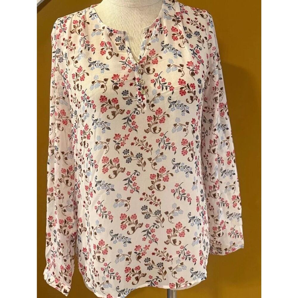 Max Blouse Top Womens 12 White Floral Regular Fit Long Sleeve V Neck Pullover
